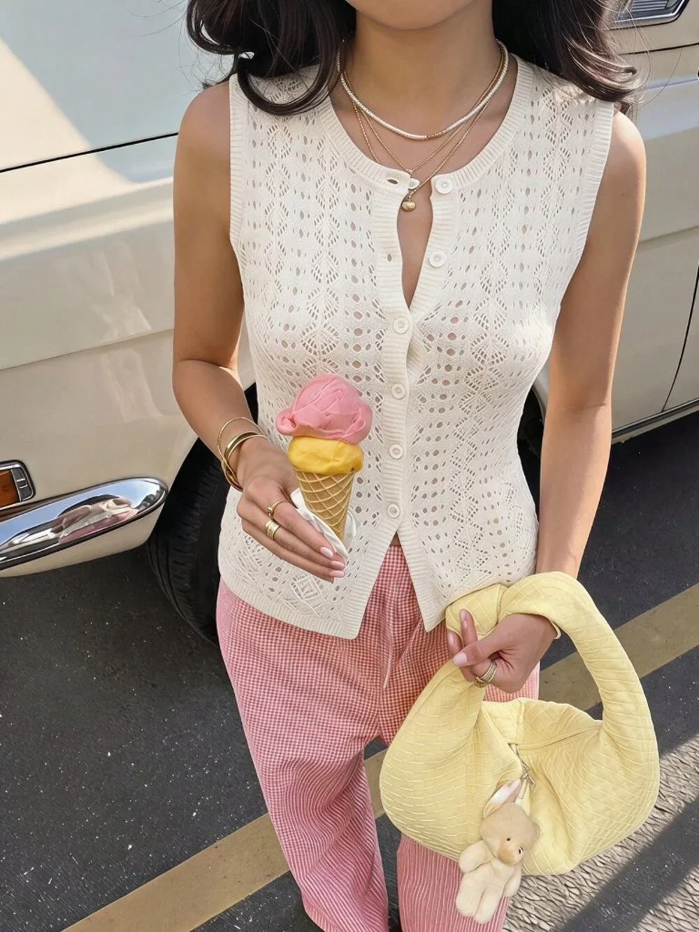 Apricot Casual Women's Soft Hollow Button Knit Cardigan